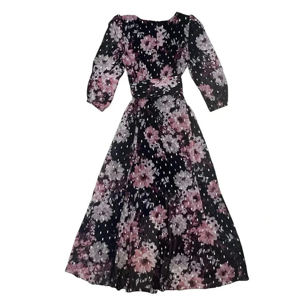 Eliza J Floral Metallic Fleck High Low Dress Puff Sleeve V-Neck Midi Tropical 10 - Picture 6 of 11